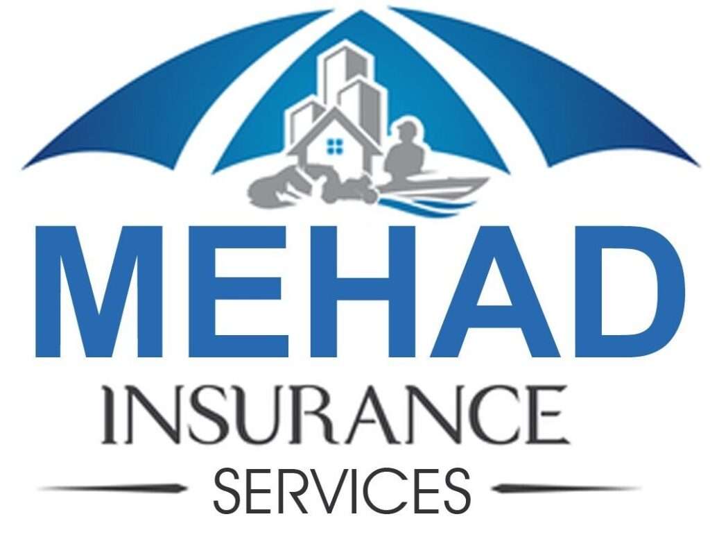 A blue and white logo of mehadi insurance services
