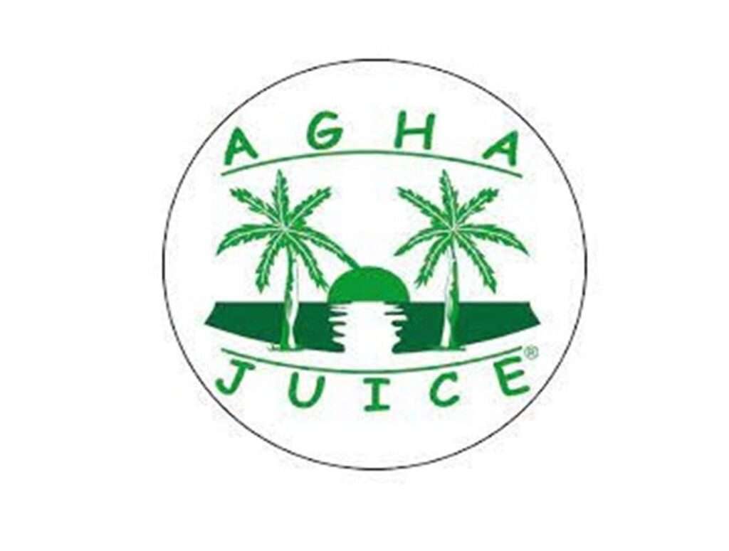 A green and white logo of agha juice.