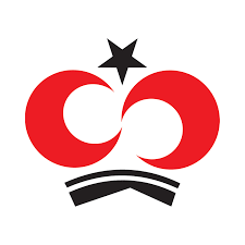 A red and black logo with a star on it.